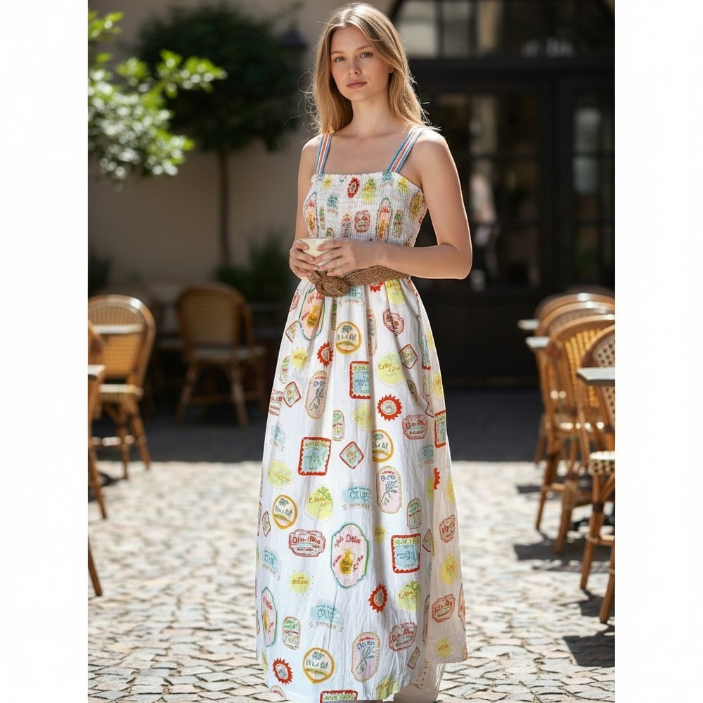 Cynthia Rowley Smocked Midi Dress withWoven Belt Tie Strap With Olive Oil Print
